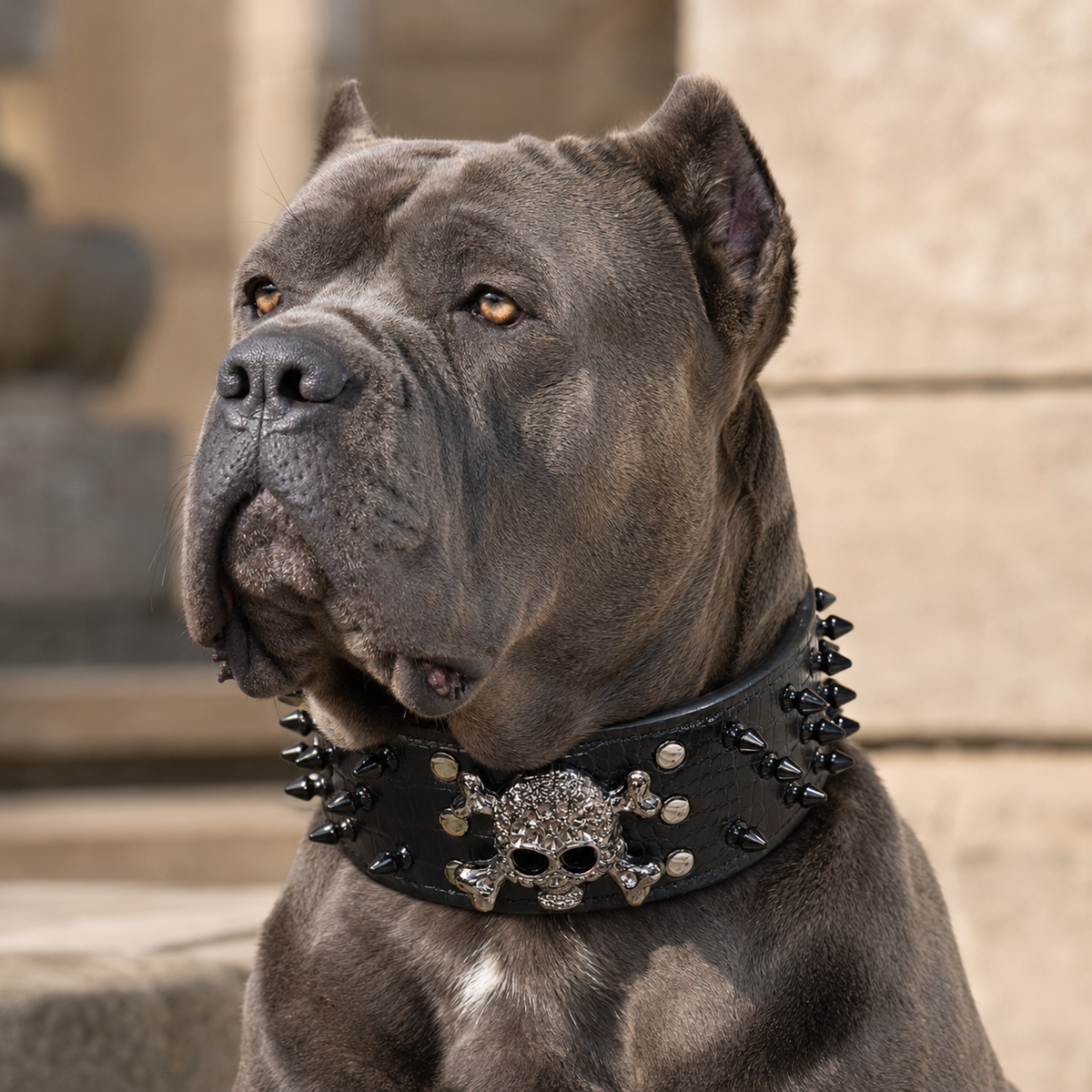Collier Chien Tête de Mort à Picots – Collier Large en Cuir Crocodile Rock (Noir)