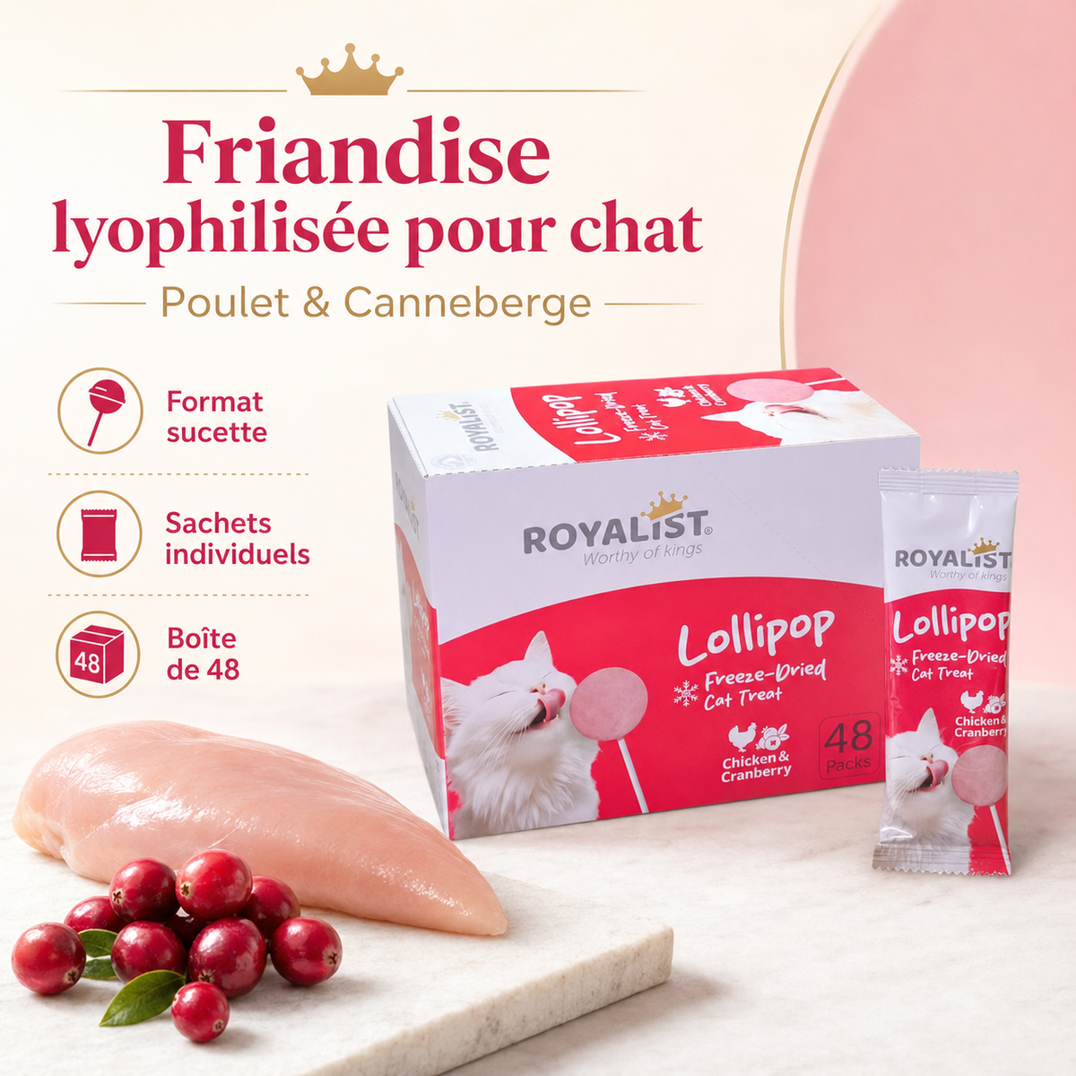 Sucette Lyophilisée pour Chat Royalist Lollipop – Friandise Premium Freeze-Dried Poulet & Canneberge, Vendu à l'Unité