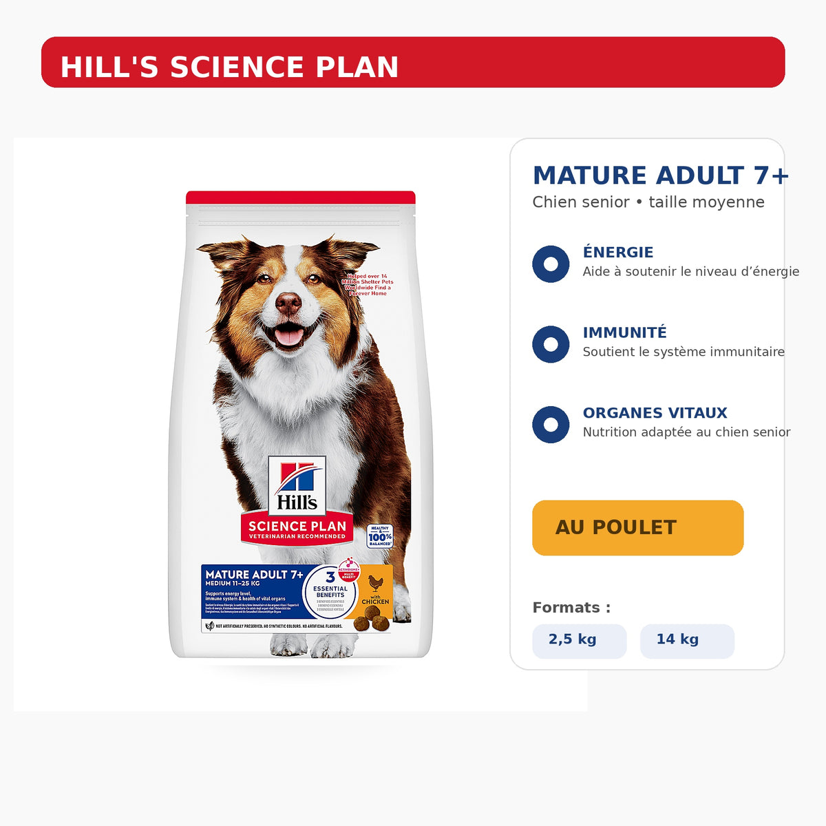 Hill's Science Plan Medium Mature Adult 7+ au Poulet – Croquettes pour Chien Senior (2,5 kg ou 14 kg)