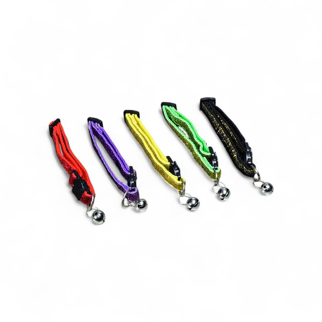 Maroc-animalerie adjustable glitter cat collars with bells in red, purple, yellow, green, and black.