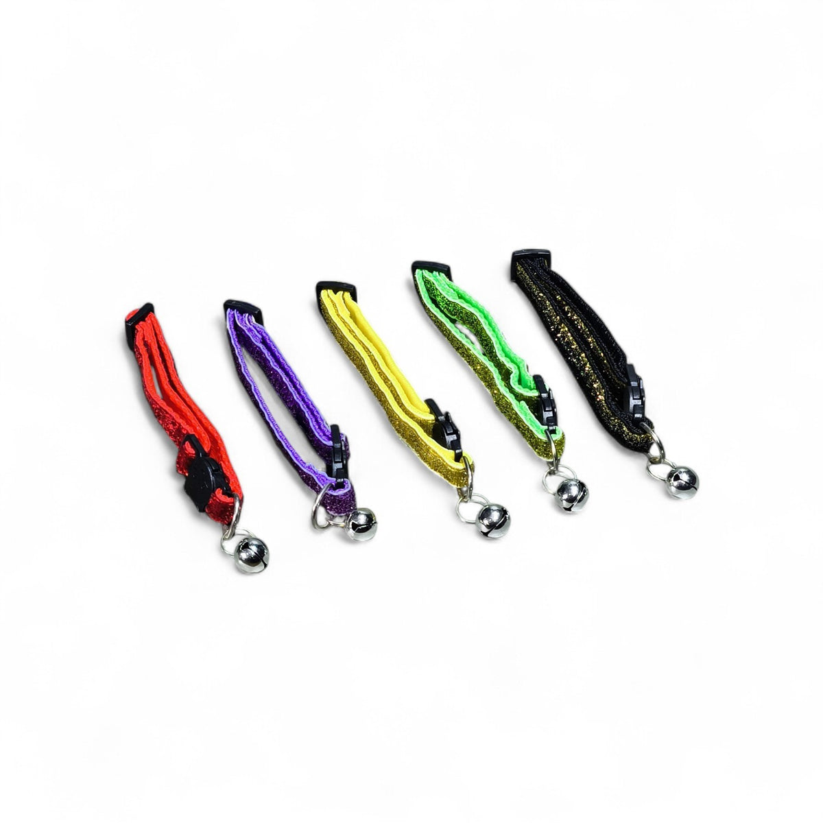 Maroc-animalerie adjustable glitter cat collars with bells in red, purple, yellow, green, and black.