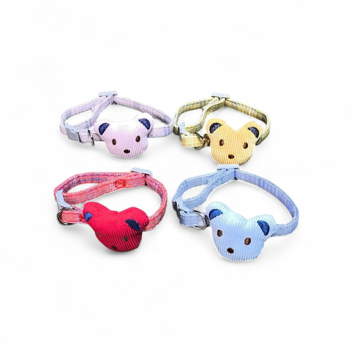 maroc-animalerie adjustable pet collar with cute teddy bear charm, available in pink, yellow, red, and blue.