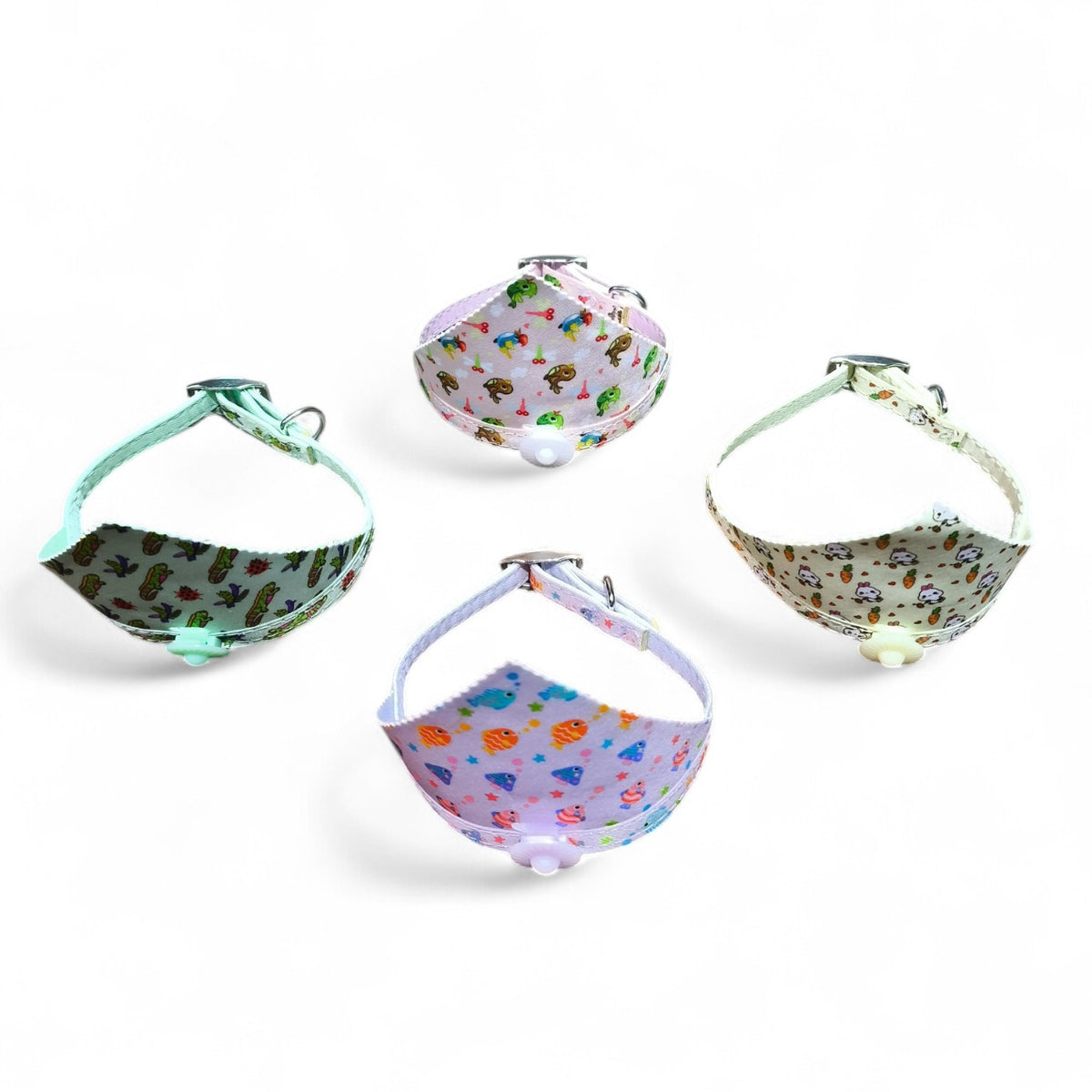 maroc-animalerie adjustable fabric pet collars with fun patterns: sea creatures, carrots, and turtles.