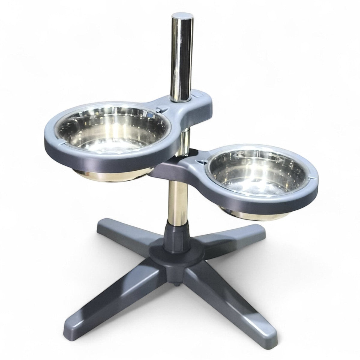 Maroc-animalerie adjustable grey pet feeder with two stainless steel bowls, ideal for dogs and cats.