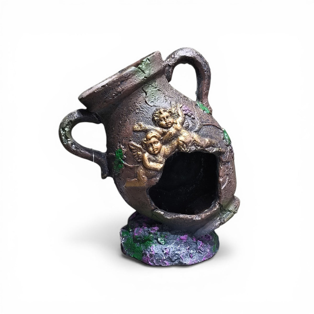 maroc-animalerie resin amphora aquarium ornament with cherubs and ivy, provides hiding spot for fish.