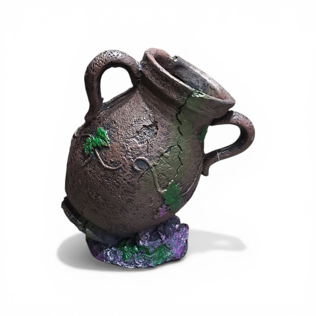 Maroc-animalerie brown resin amphora aquarium ornament with ivy details and cracked finish, provides fish hiding spot.