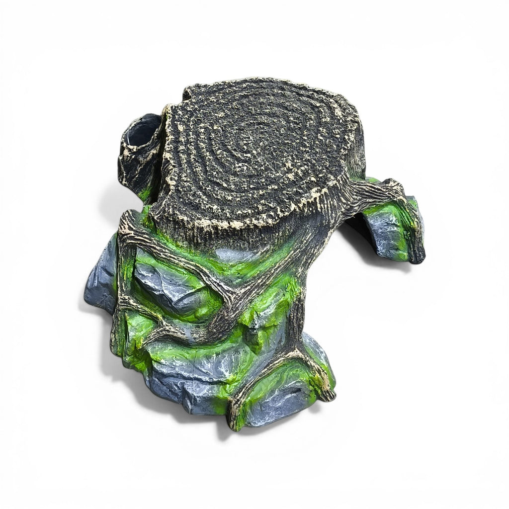 maroc-animalerie realistic artificial tree stump hideaway aquarium ornament with mossy accents and openings for fish.