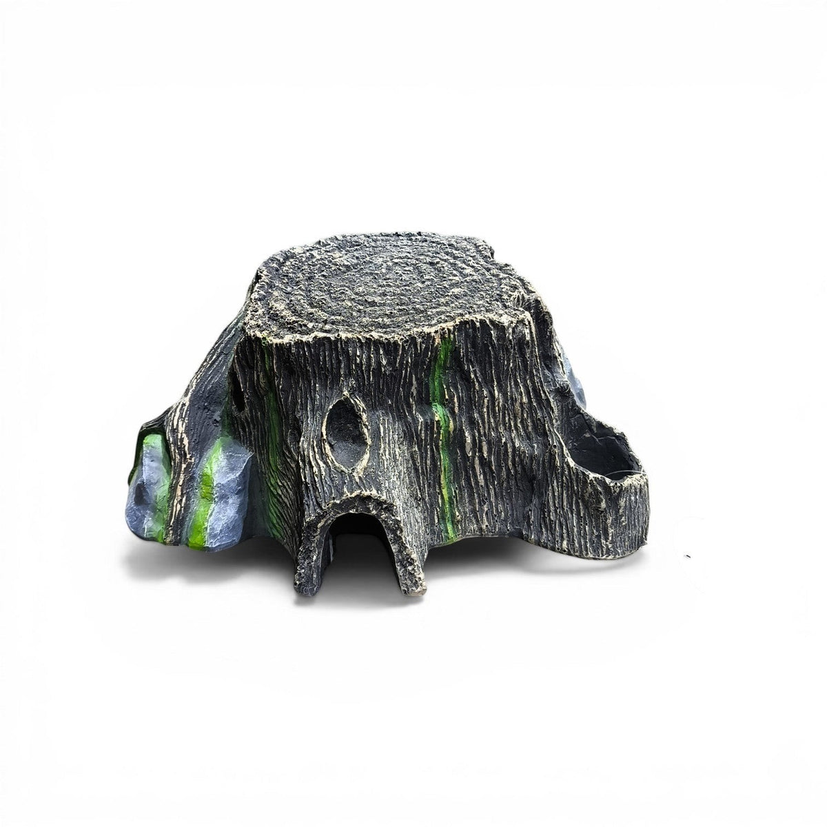 Maroc-animalerie artificial tree stump hideaway aquarium ornament with openings and mossy accents.