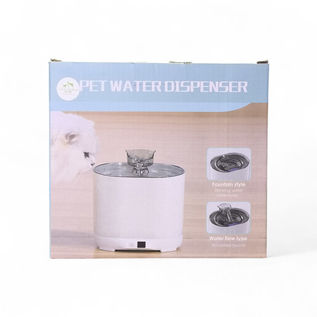 Maroc-animalerie automatic pet water dispenser, white, fountain style with simulated faucet water flow for cats and dogs.