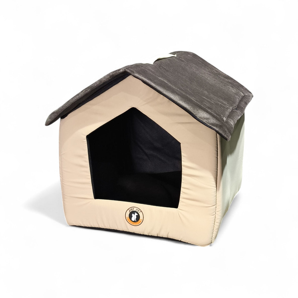 Maroc-animalerie beige pet house with dark grey roof, resembling a miniature home with a plush interior for comfort.