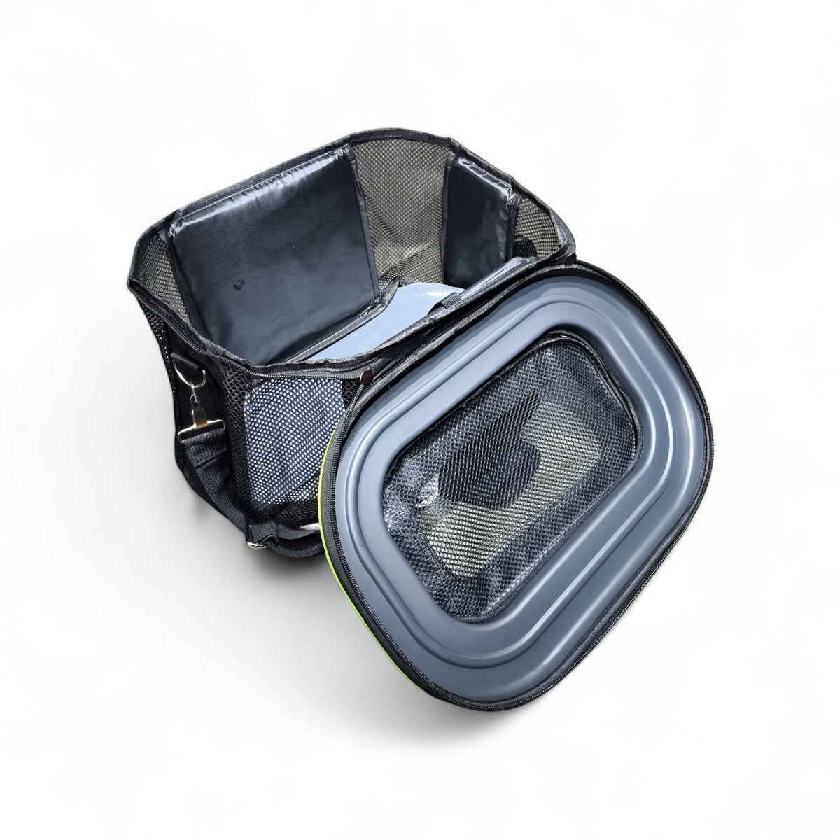 Maroc-animalerie black and lime green portable pet travel bag with mesh ventilation and secure zippered closure.