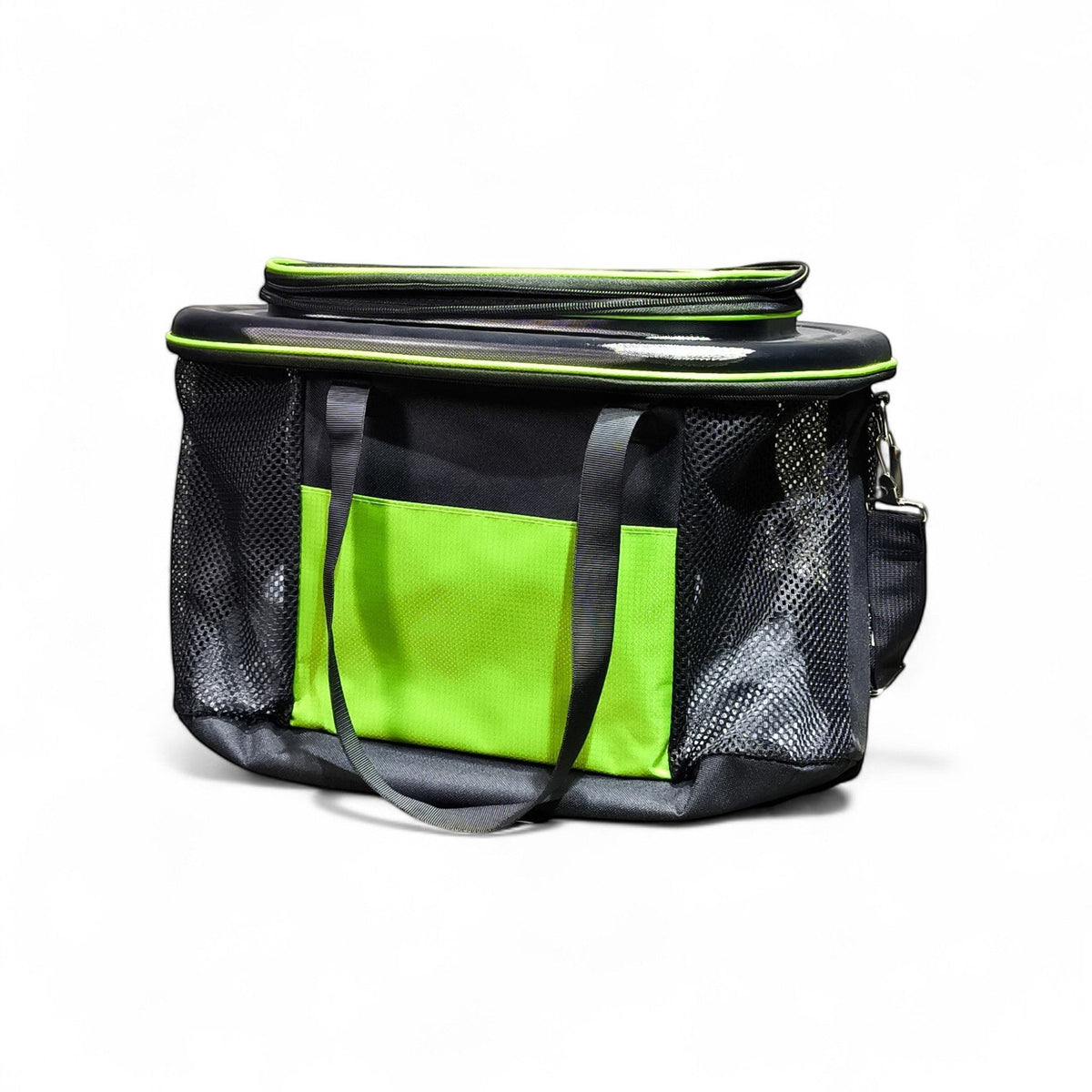 Maroc-animalerie black and lime green mesh cooler bag with handles and shoulder strap