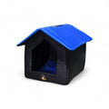 Maroc-animalerie blue and black pet house resembling a miniature home with a plush interior.