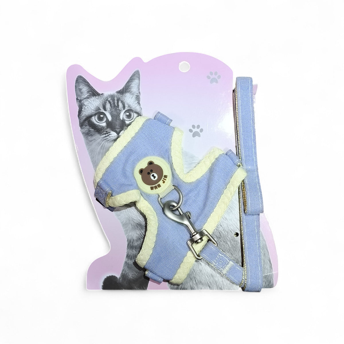 Maroc-animalerie blue and yellow cat harness with bear charm and leash, adjustable for comfort and safety.