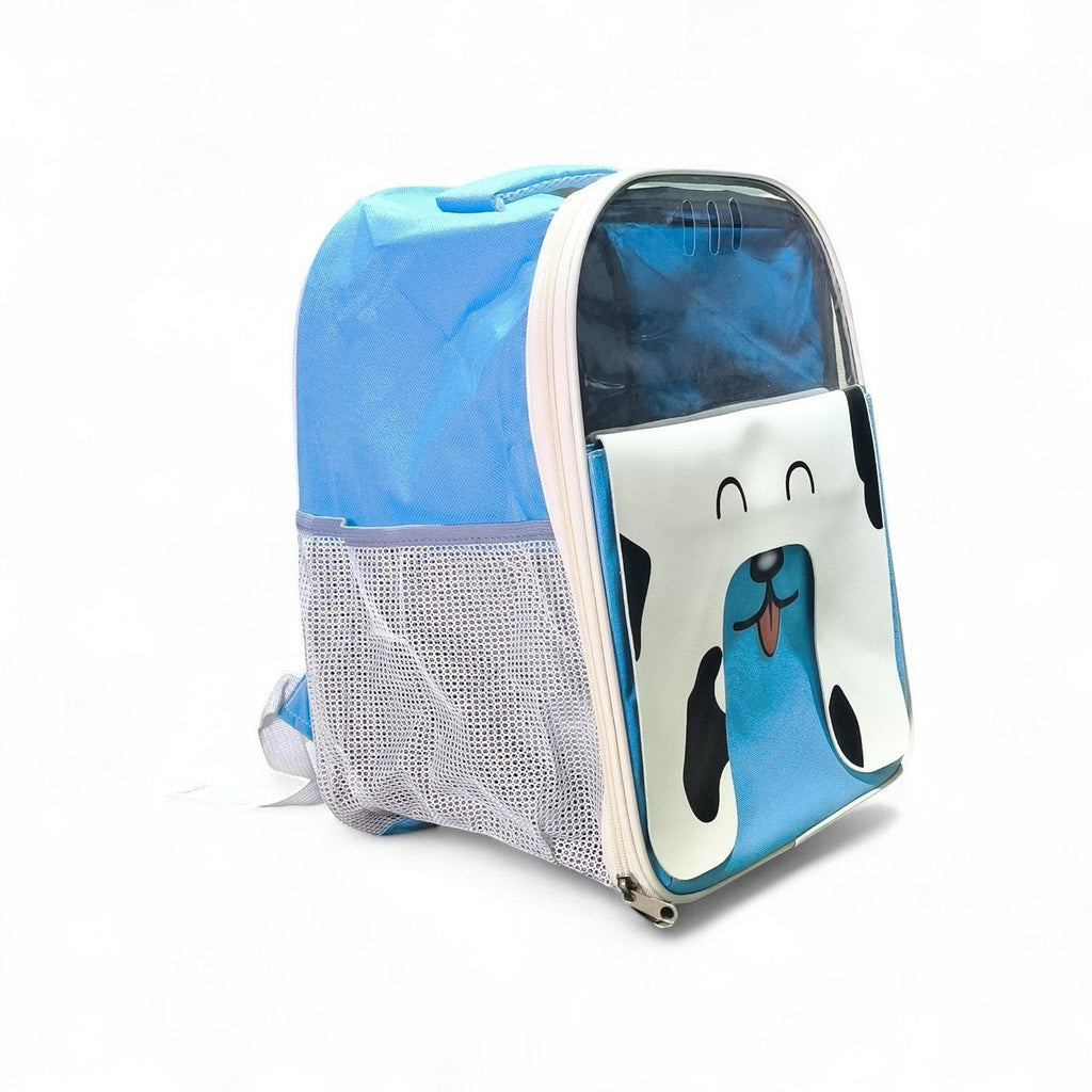 maroc-animalerie blue dog face pet carrier backpack with clear top and mesh pockets