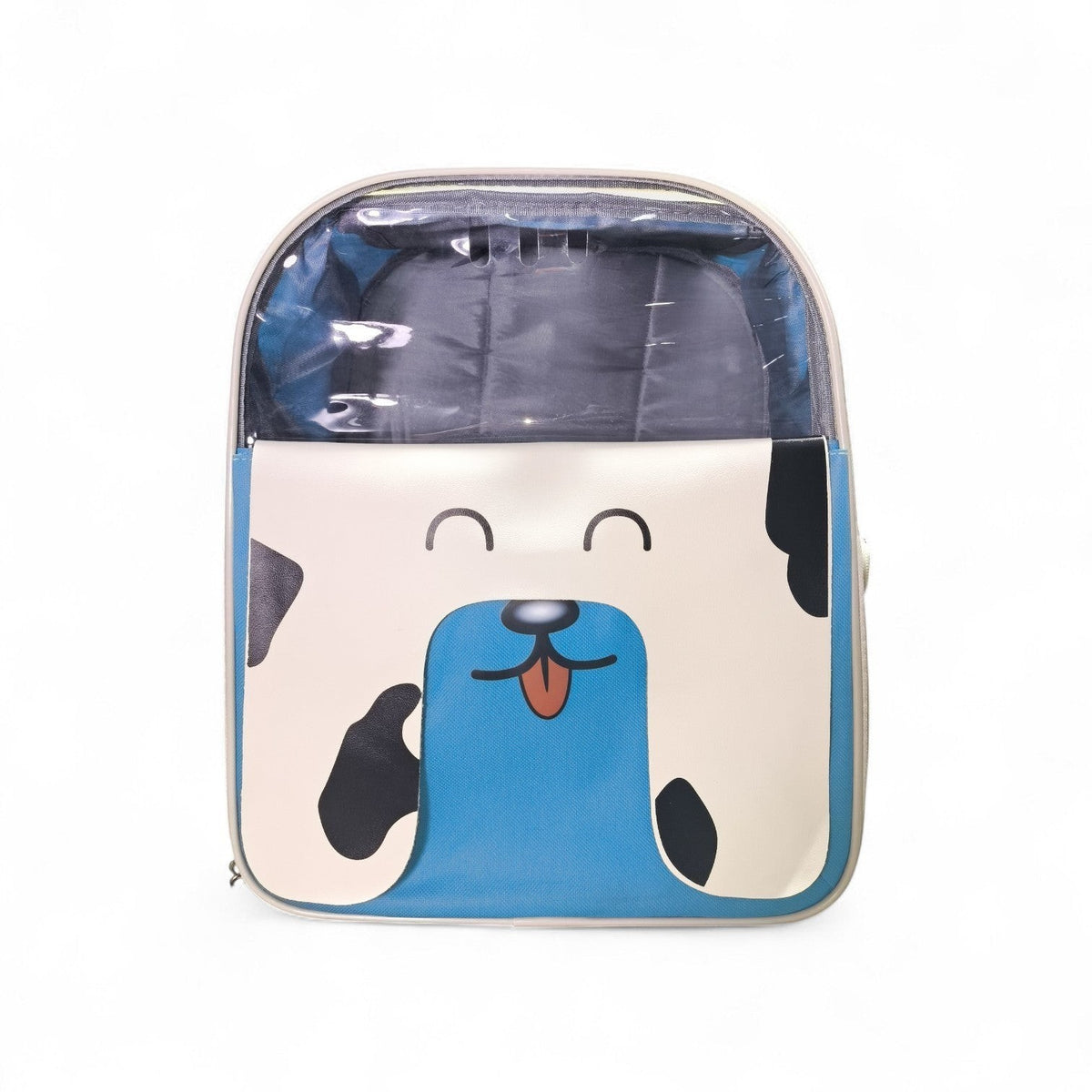 Maroc-animalerie blue dog face pet carrier backpack with clear top and mesh pockets for kids.