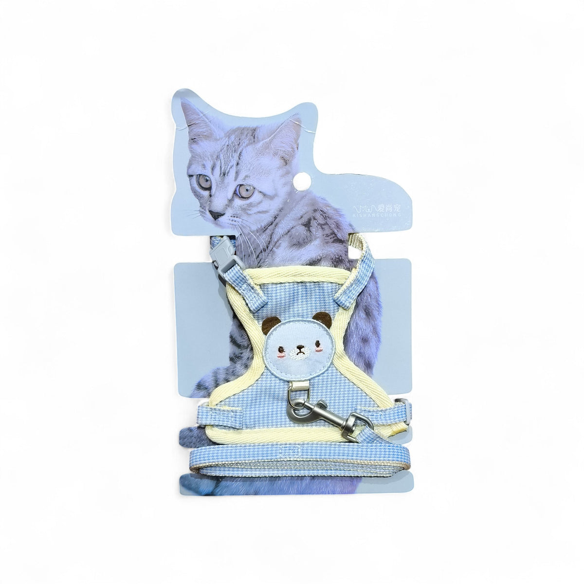 maroc-animalerie blue gingham cat harness with teddy bear applique and adjustable straps