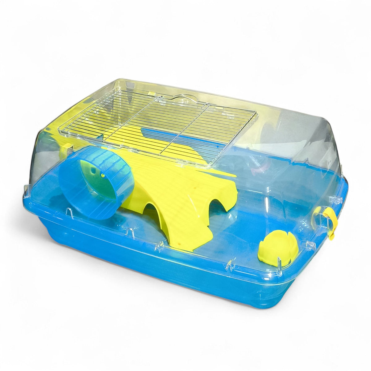 Maroc-animalerie blue and clear plastic hamster cage with yellow wheel and tunnel. Features secure wire top for ventilation.