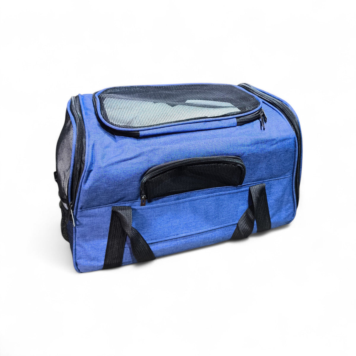 Maroc-animalerie blue pet carrier bag with mesh ventilation windows and zippered pockets, durable fabric construction.