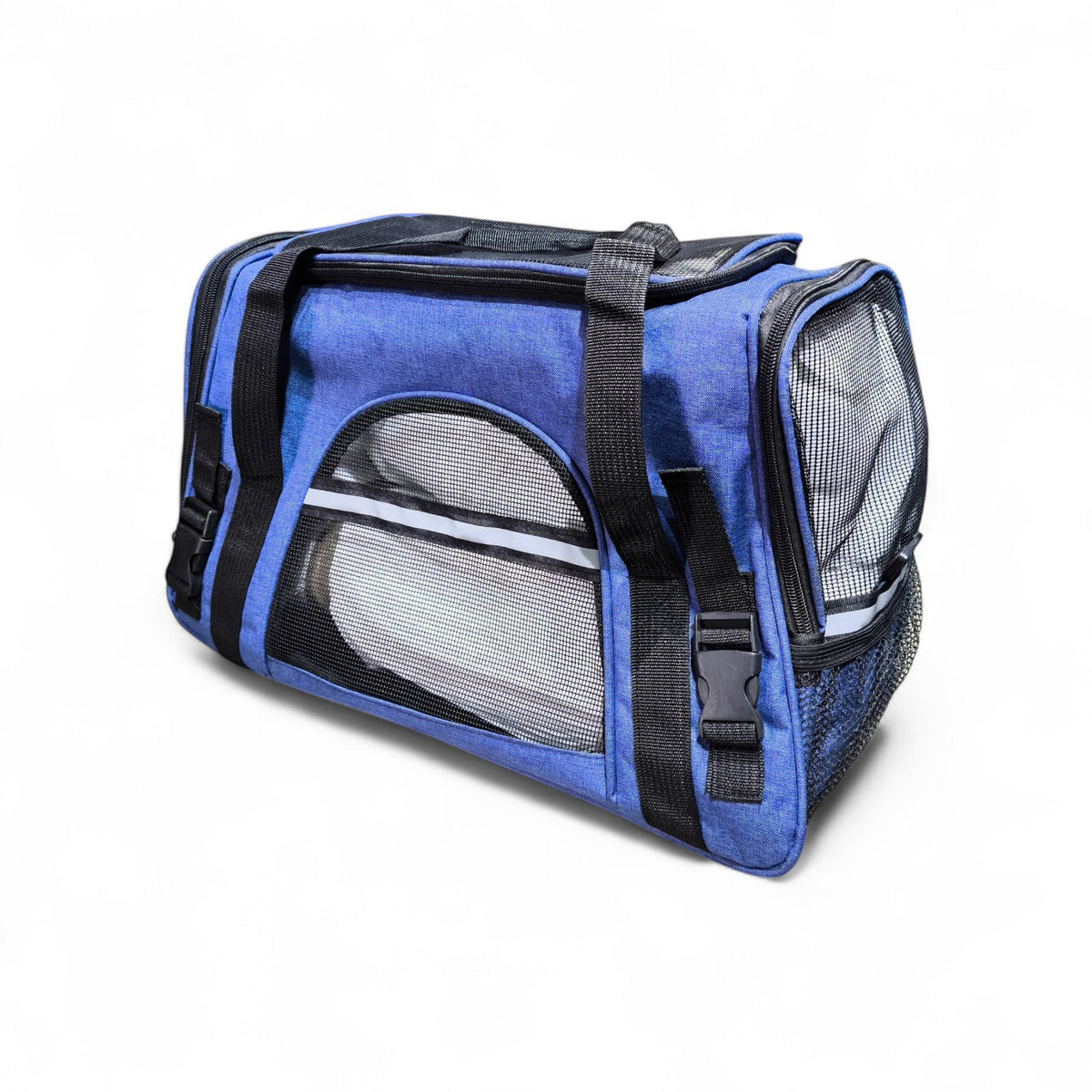 Blue fabric pet carrier with mesh windows and black straps, suitable for travel.