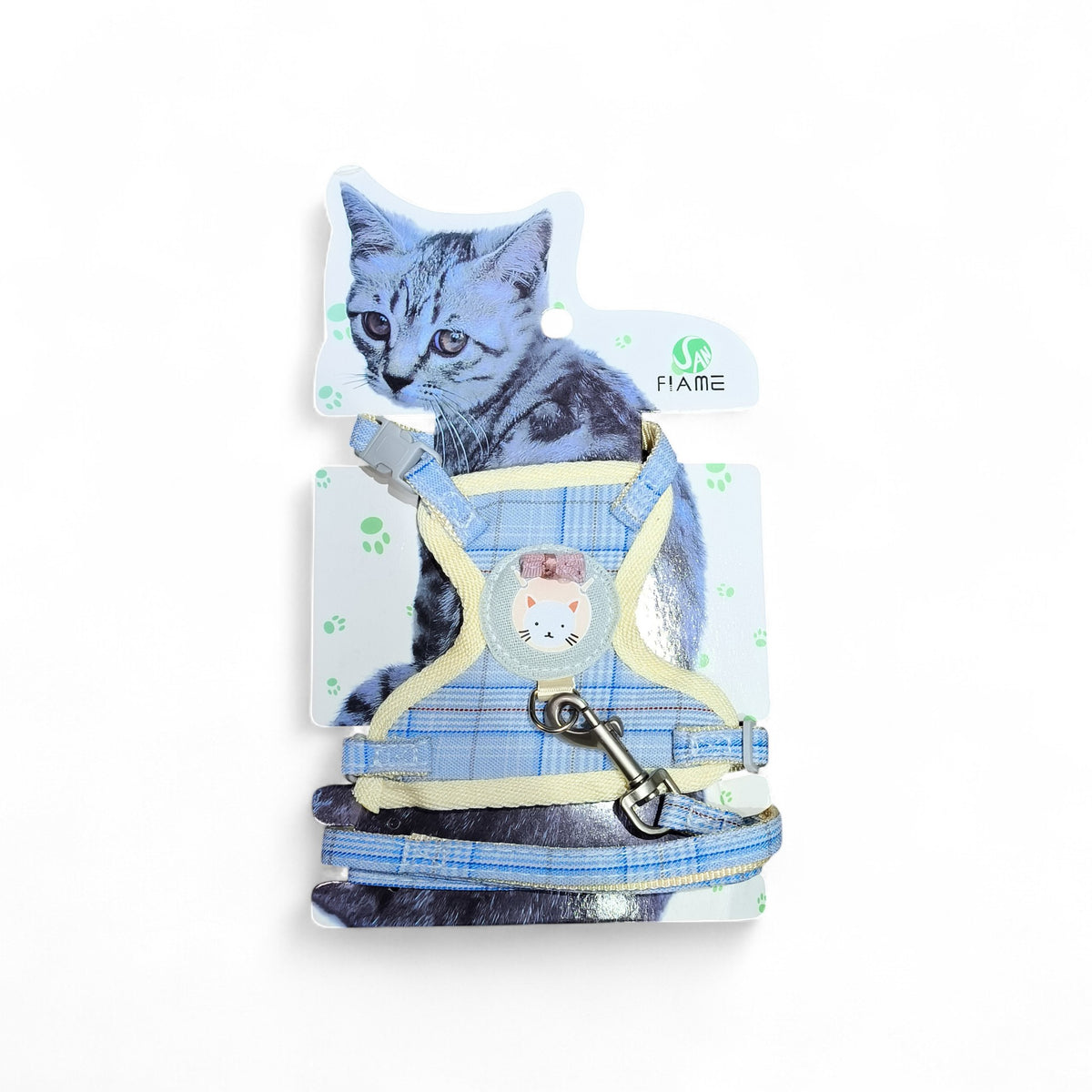Blue plaid cat harness with yellow trim and a cute cat face emblem. Includes a matching leash and wrist strap.