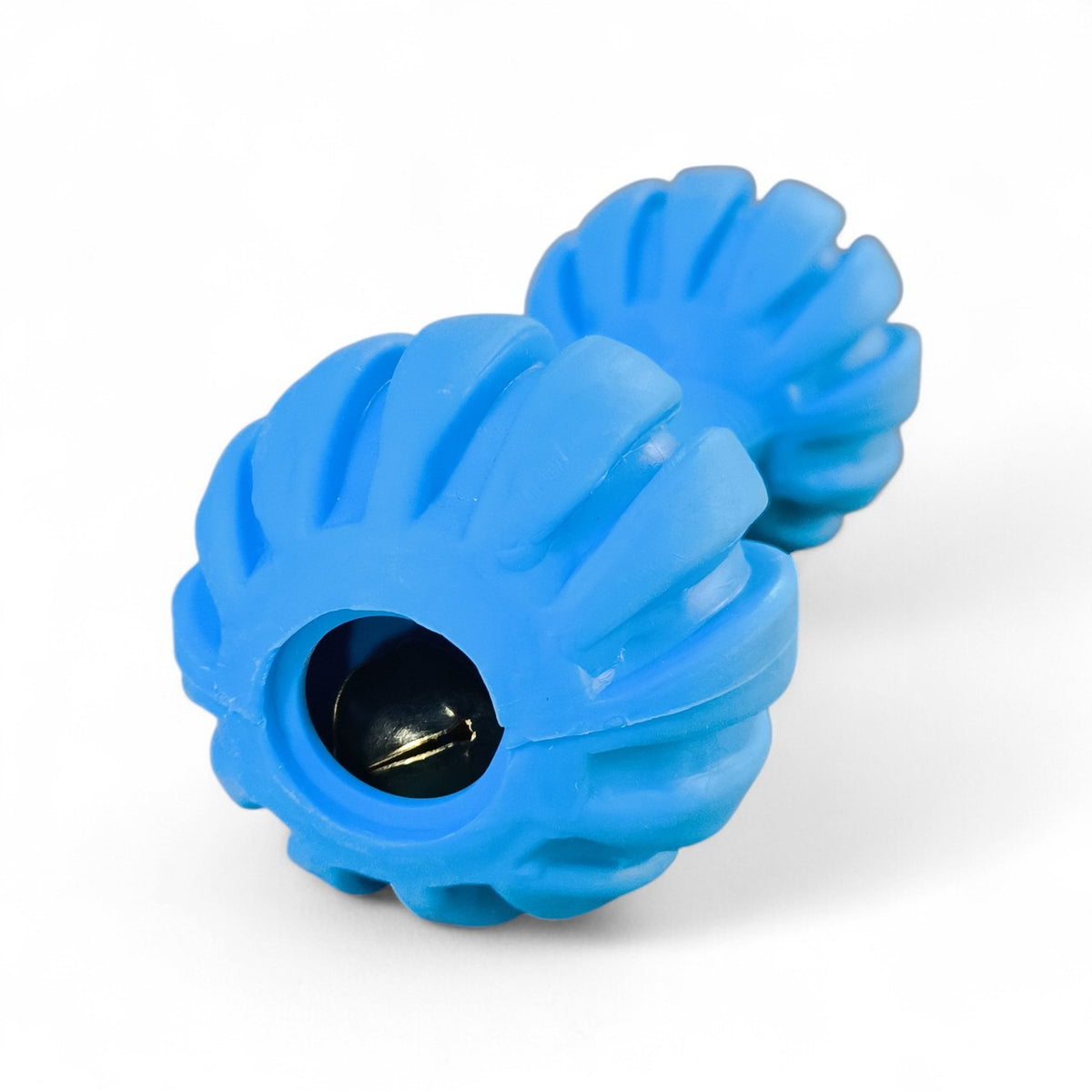 Maroc-animalerie blue rubber dumbbell dog toy with textured surface and treat dispensing hollow center.