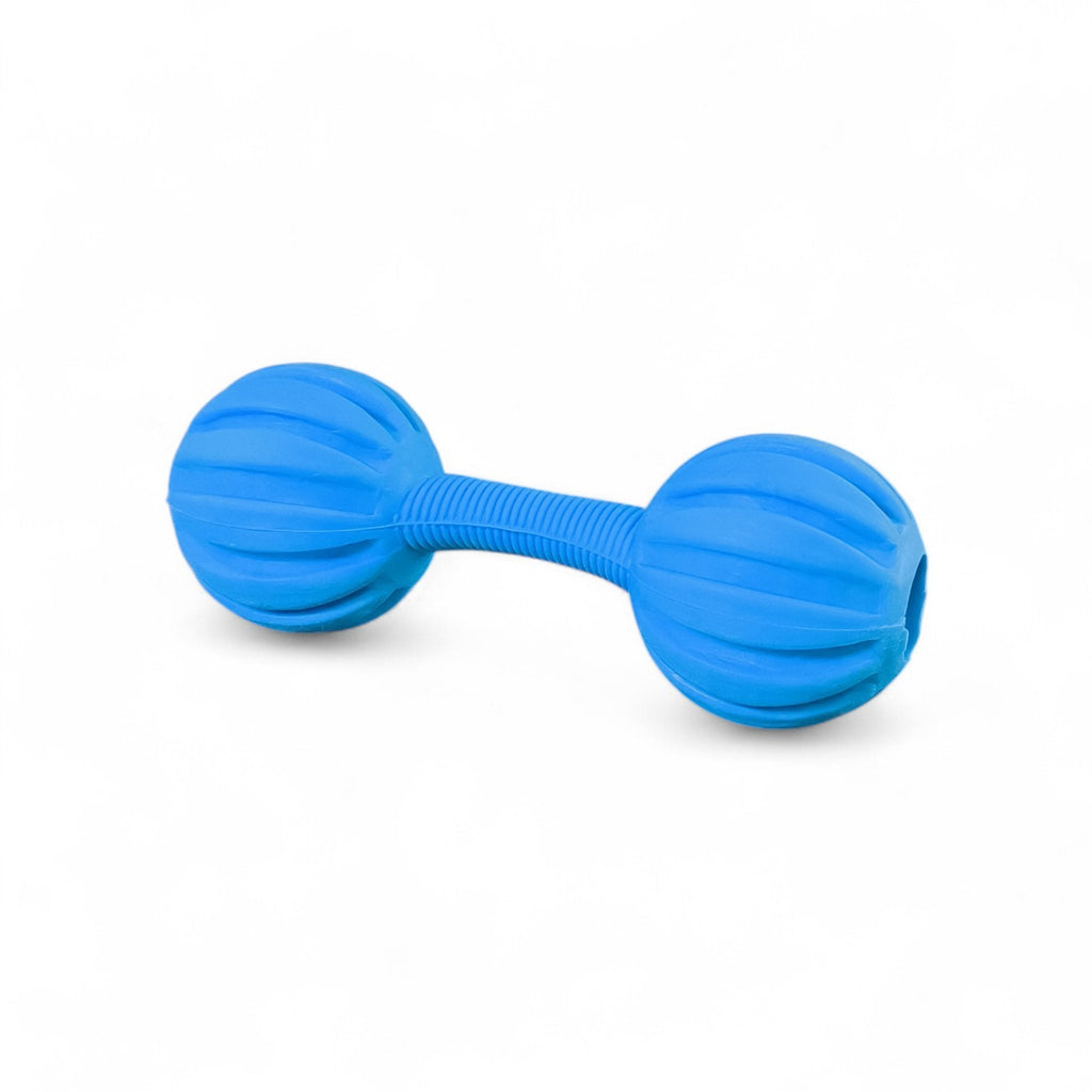 Maroc-animalerie blue rubber dumbbell dog toy with textured balls and hollow center for treats.