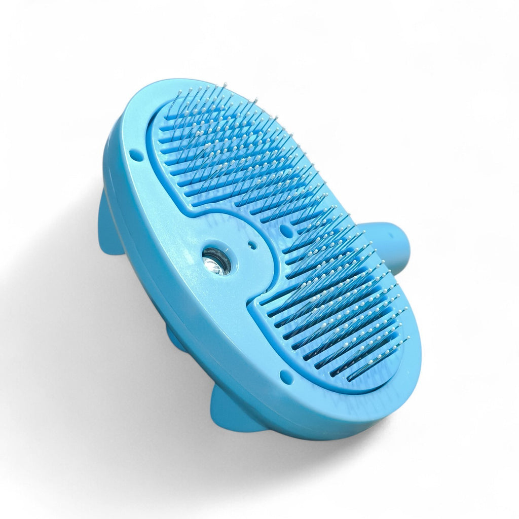 Maroc-Animalerie blue self-cleaning pet grooming brush with fine bristles and ergonomic handle for dogs and cats.
