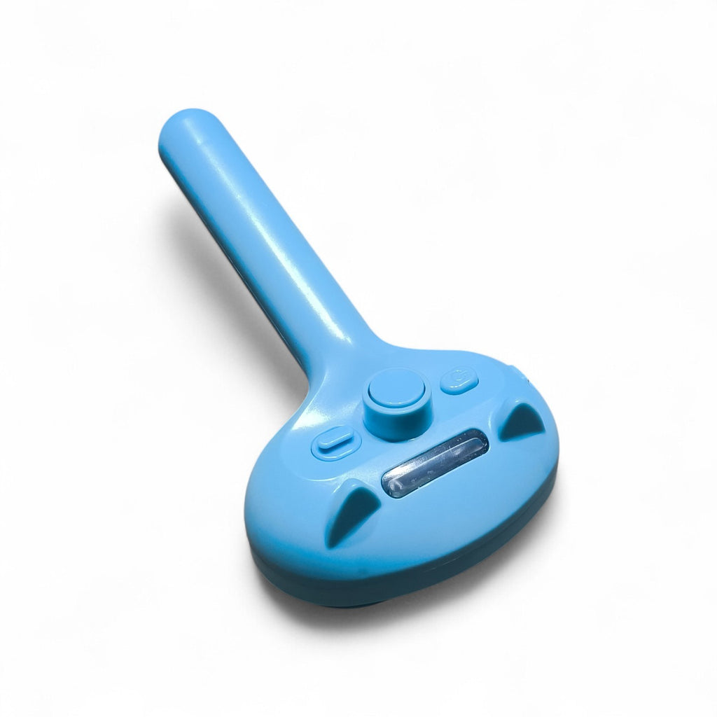Maroc-animalerie blue self-cleaning pet grooming brush with ergonomic handle and gentle bristles for cats and dogs.