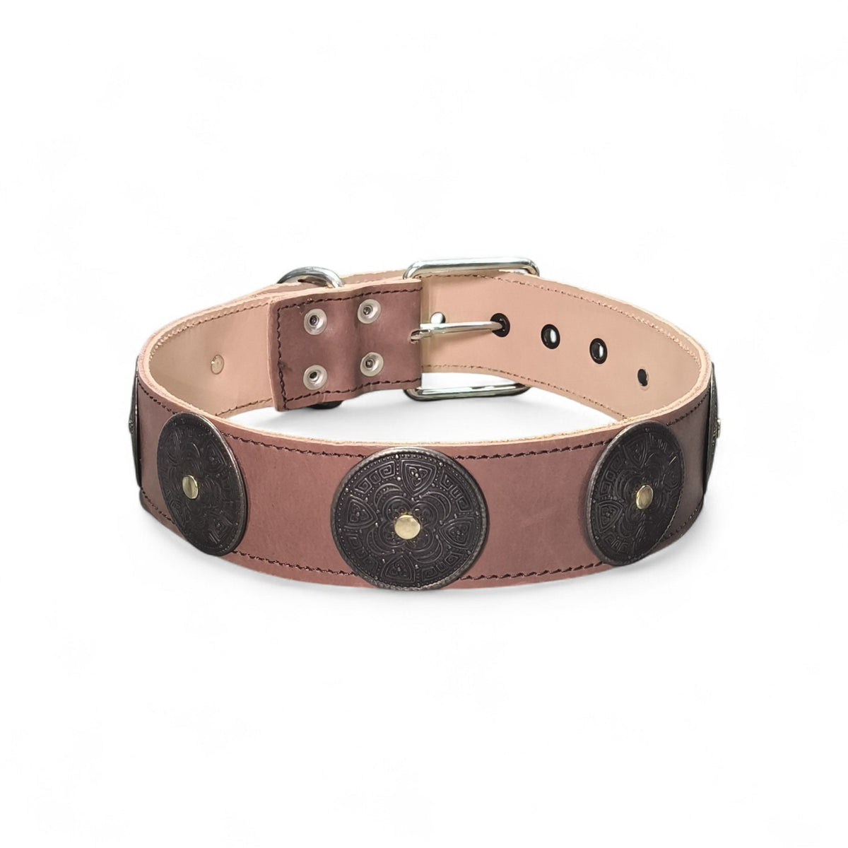 Maroc-Animalerie decorative leather dog collar with embossed metal medallions and adjustable buckle. Brown.