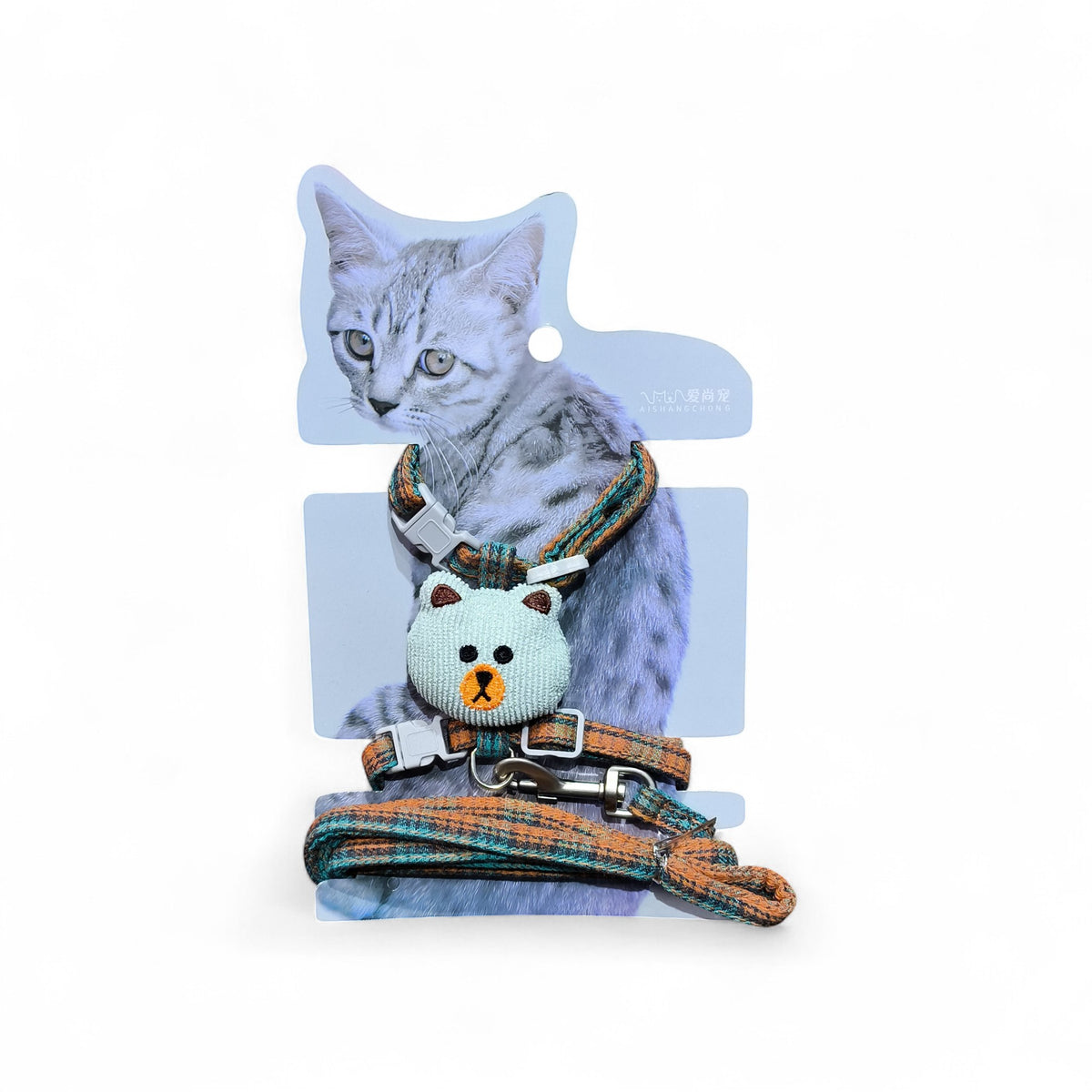 Maroc-animalerie cat harness and leash set with cute bear design, adjustable straps, and metal clasp. Orange and teal patterned fabric.