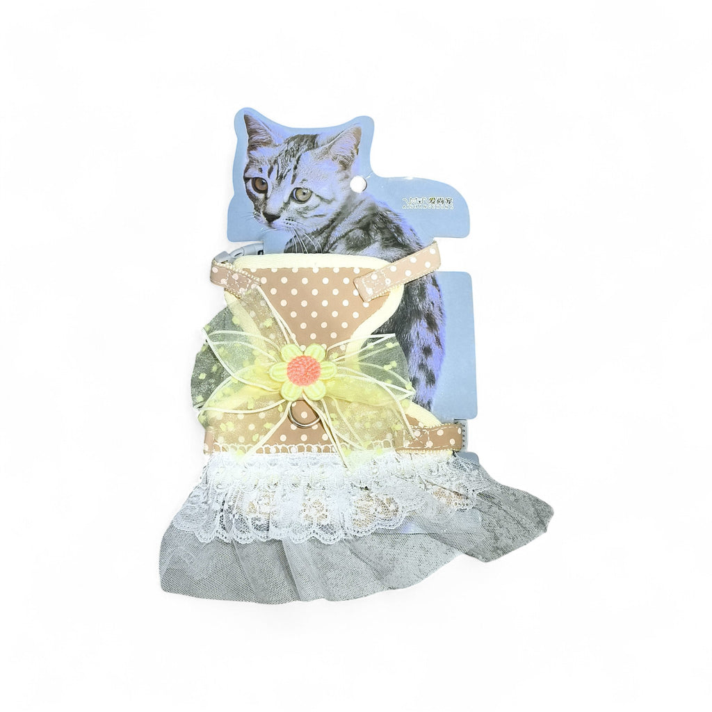 Maroc-animalerie beige and white polka dot cat harness dress with yellow bow and lace trim