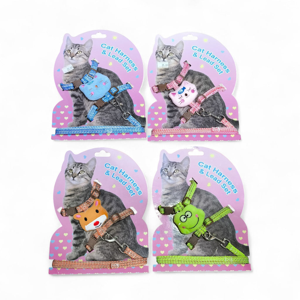 Four cat harnesses and lead sets from maroc-animalerie. Available in blue with a cat face, pink with a cat face, brown with a reindeer, and green with a frog.