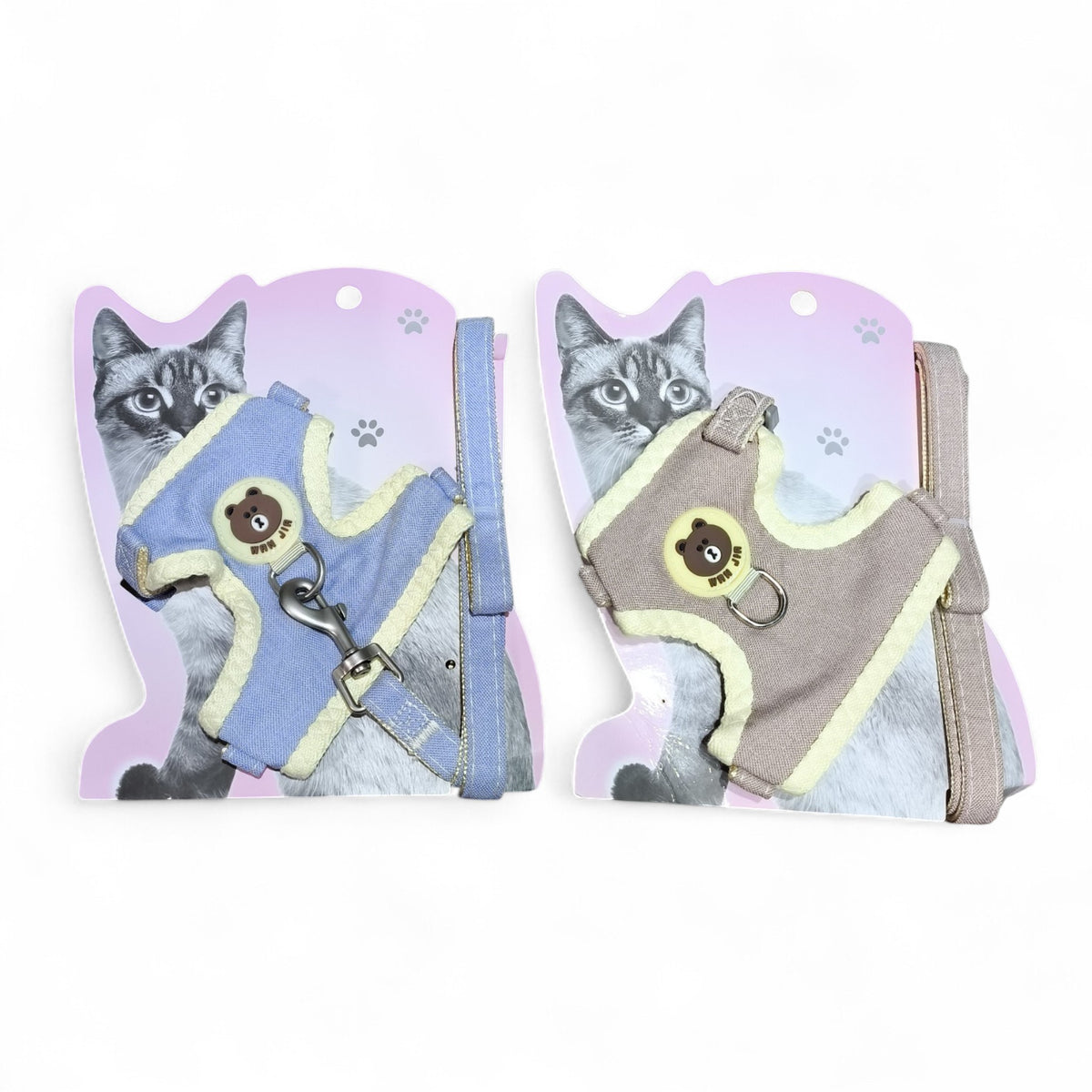 Two cat harnesses with leashes, one blue and one beige, featuring a teddy bear design and yellow trim. maroc-animalerie.