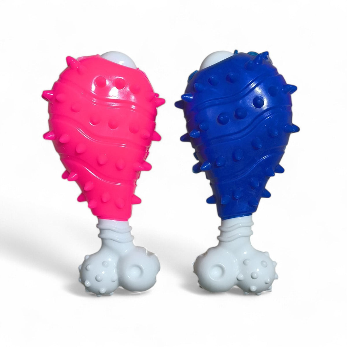 maroc-animalerie pink and blue rubber chicken leg dog chew toy with nubs for dental cleaning