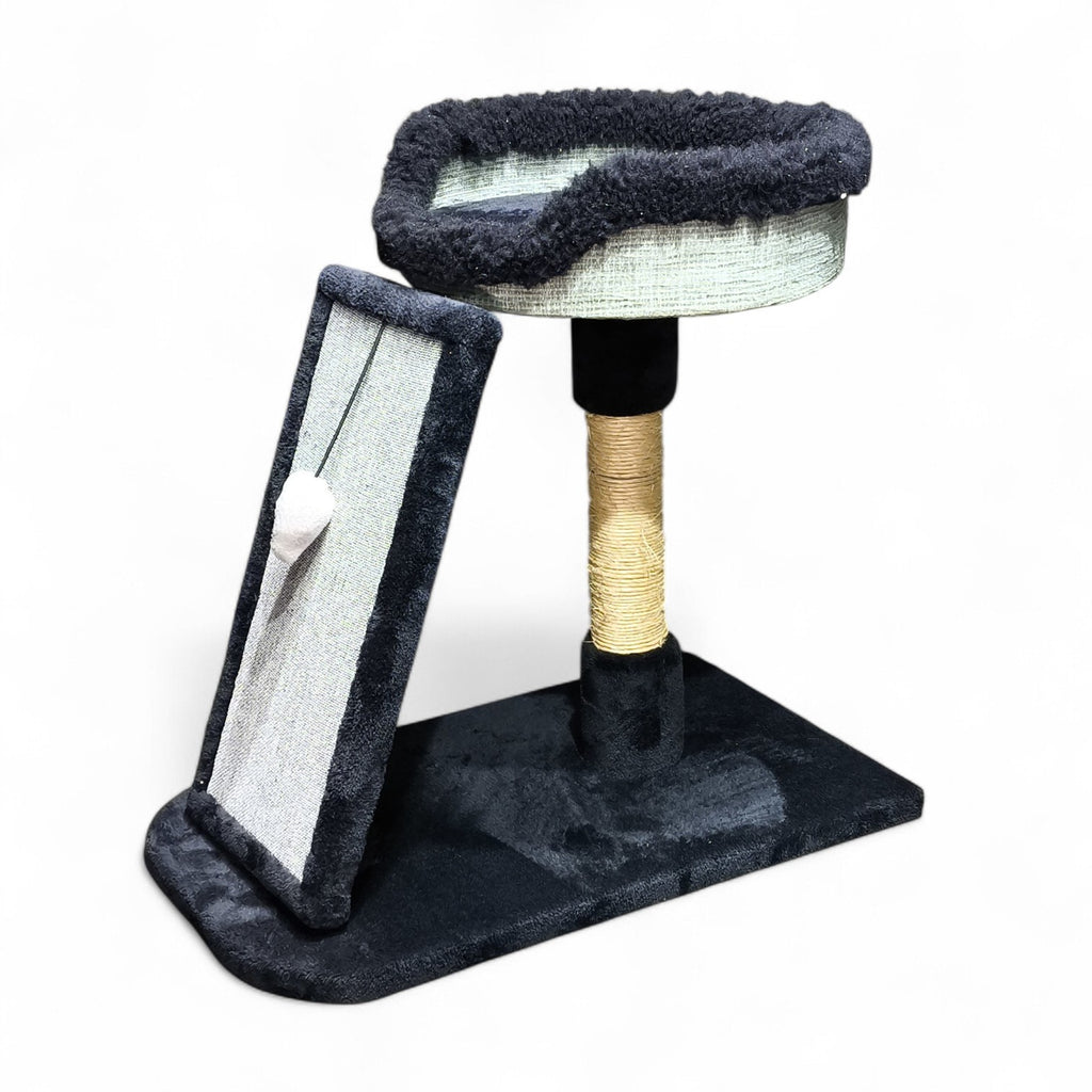 Maroc-animalerie compact cat tree with sisal scratching post, plush perch, and angled ramp with toy.