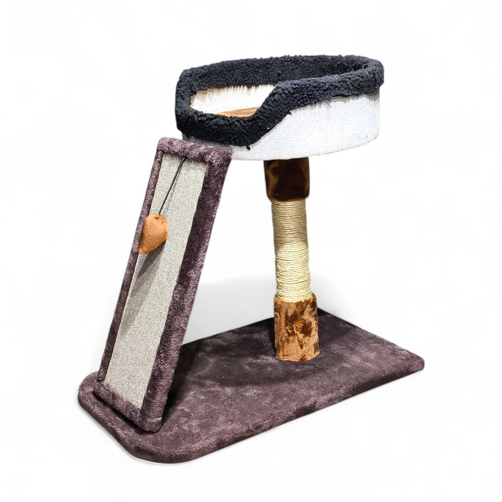 Maroc-animalerie compact cat tree with plush perch, sisal scratching post, and angled ramp with toy.