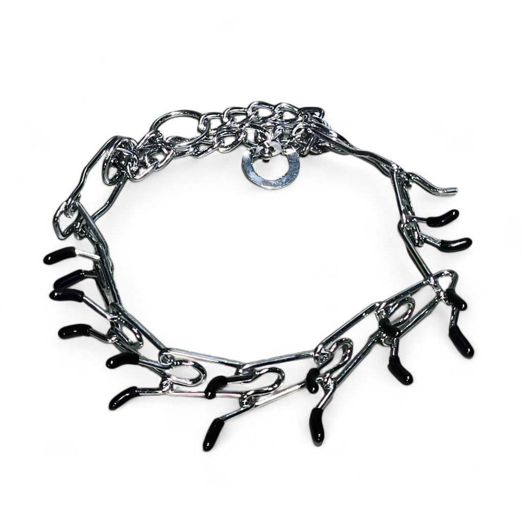 maroc-animalerie Professional Dog Training Collar, silver metal prong collar with black rubber tips, adjustable chain for custom fit.