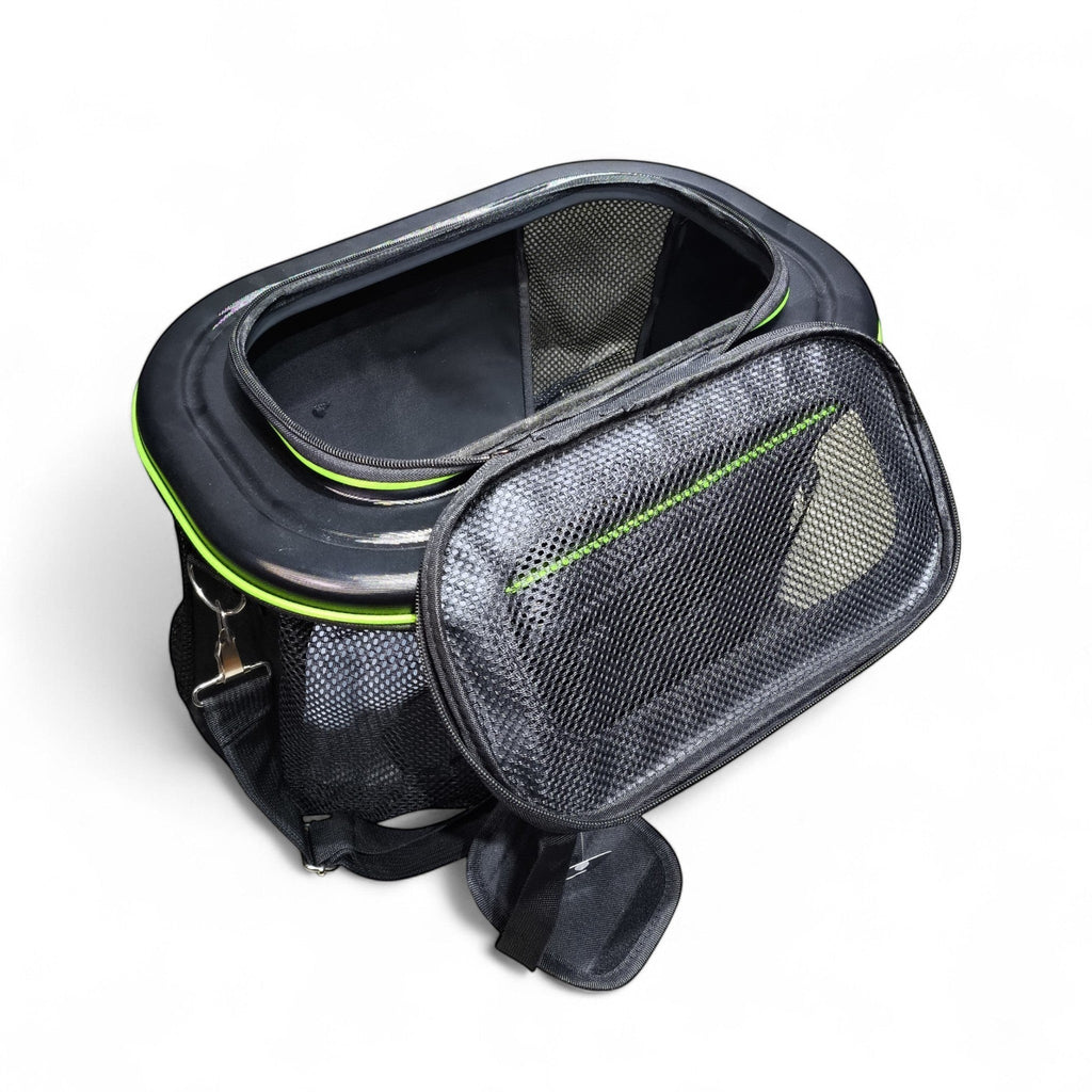 Black mesh dog training treat bag with lime green accents and adjustable strap. Features a zippered top and a clear window pocket.