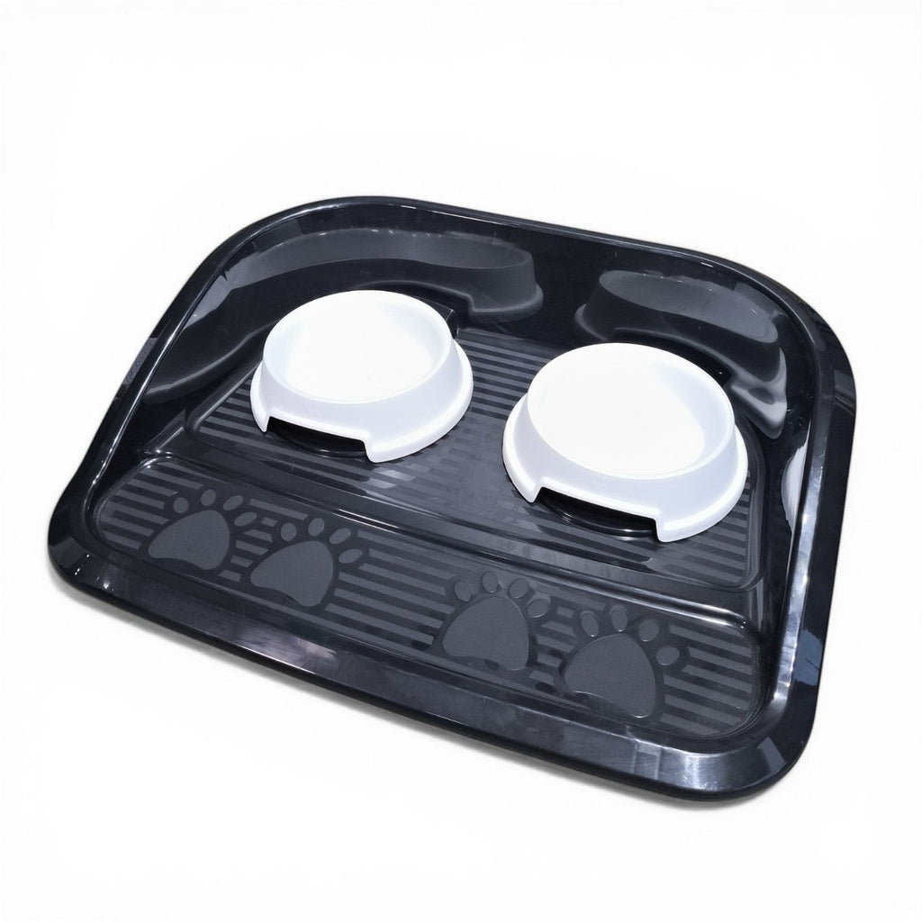 Maroc-animalerie double pet bowl feeder set with two white bowls on a black tray with paw print design.