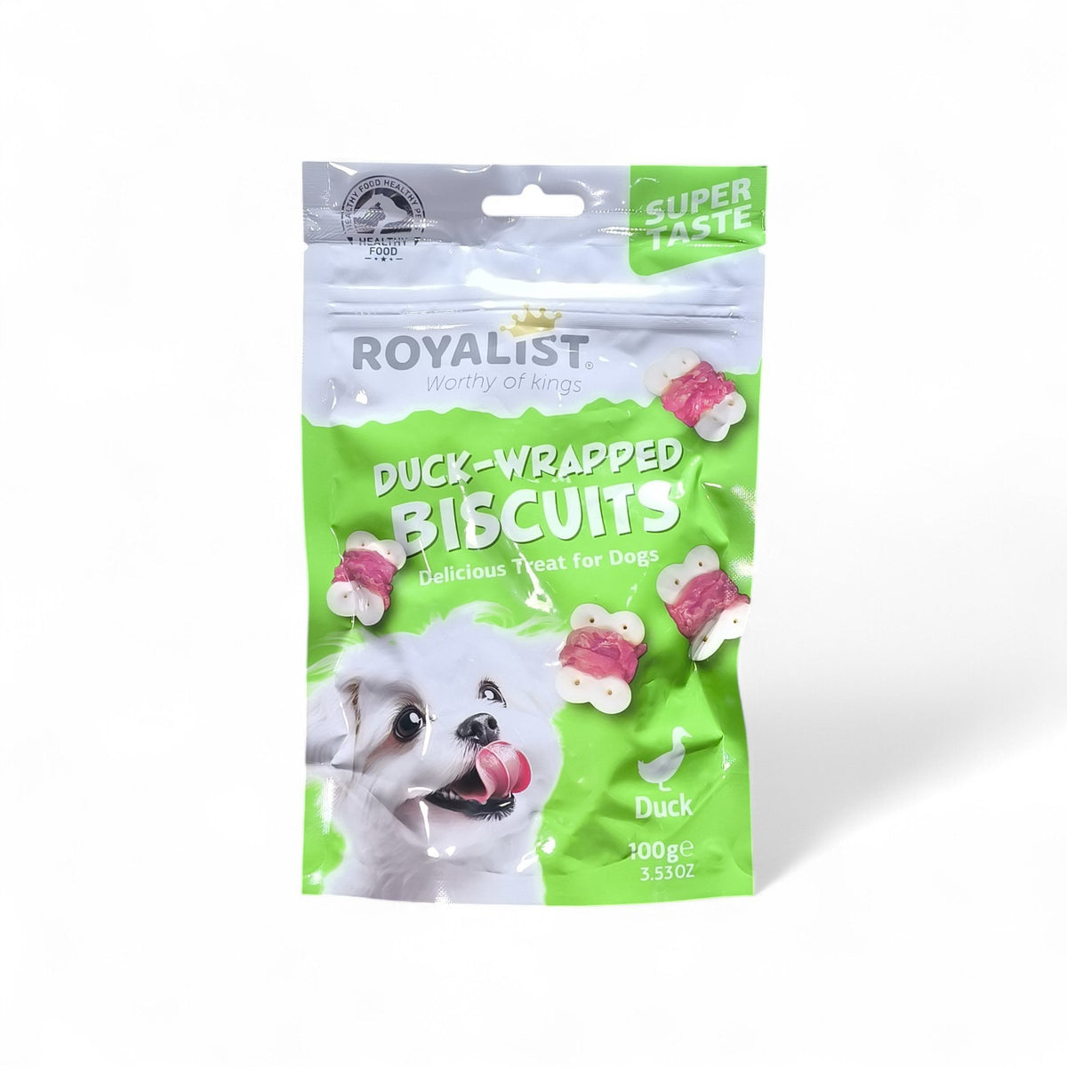Maroc-animalerie Royalist Duck-Wrapped Biscuits dog treats, 100g bag with a white dog licking its lips.