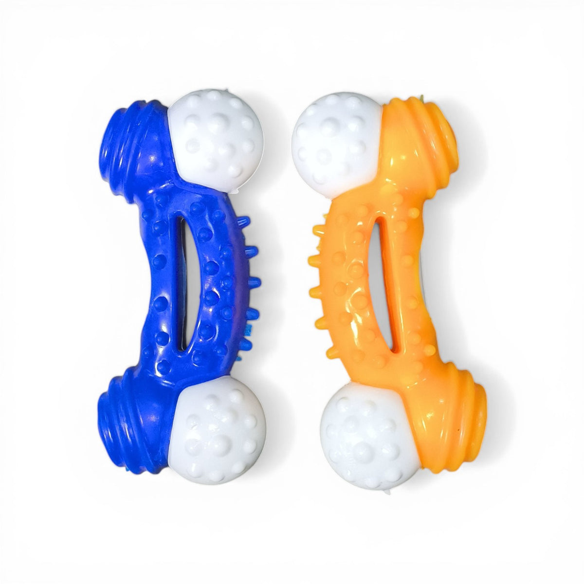 Maroc-animalerie blue and orange durable bone-shaped dog chew toy with textured surfaces for dental hygiene.