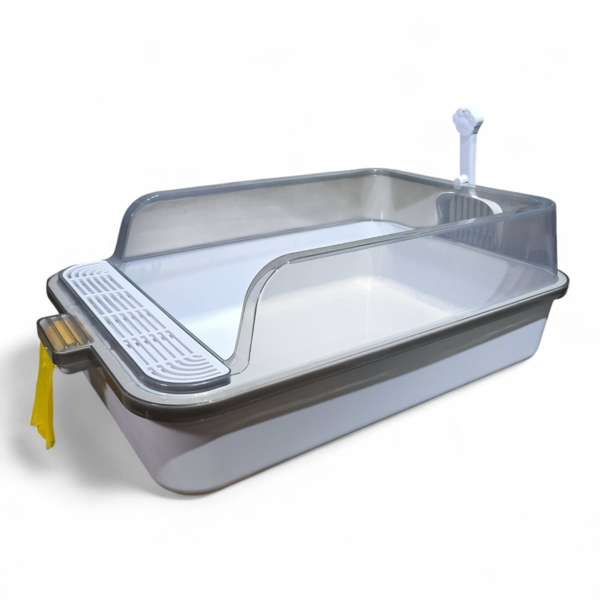 Maroc-animalerie enclosed cat litter box with sifting tray and scoop, grey and clear plastic.