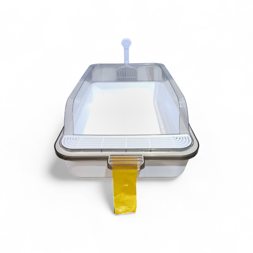 Maroc-animalerie enclosed cat litter box in white and clear plastic with a sifting system and scoop.
