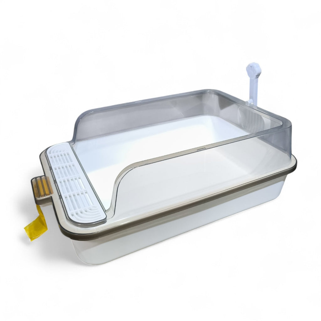 Maroc-animalerie white enclosed cat litter box with clear hood and sifting tray for odor control and privacy.