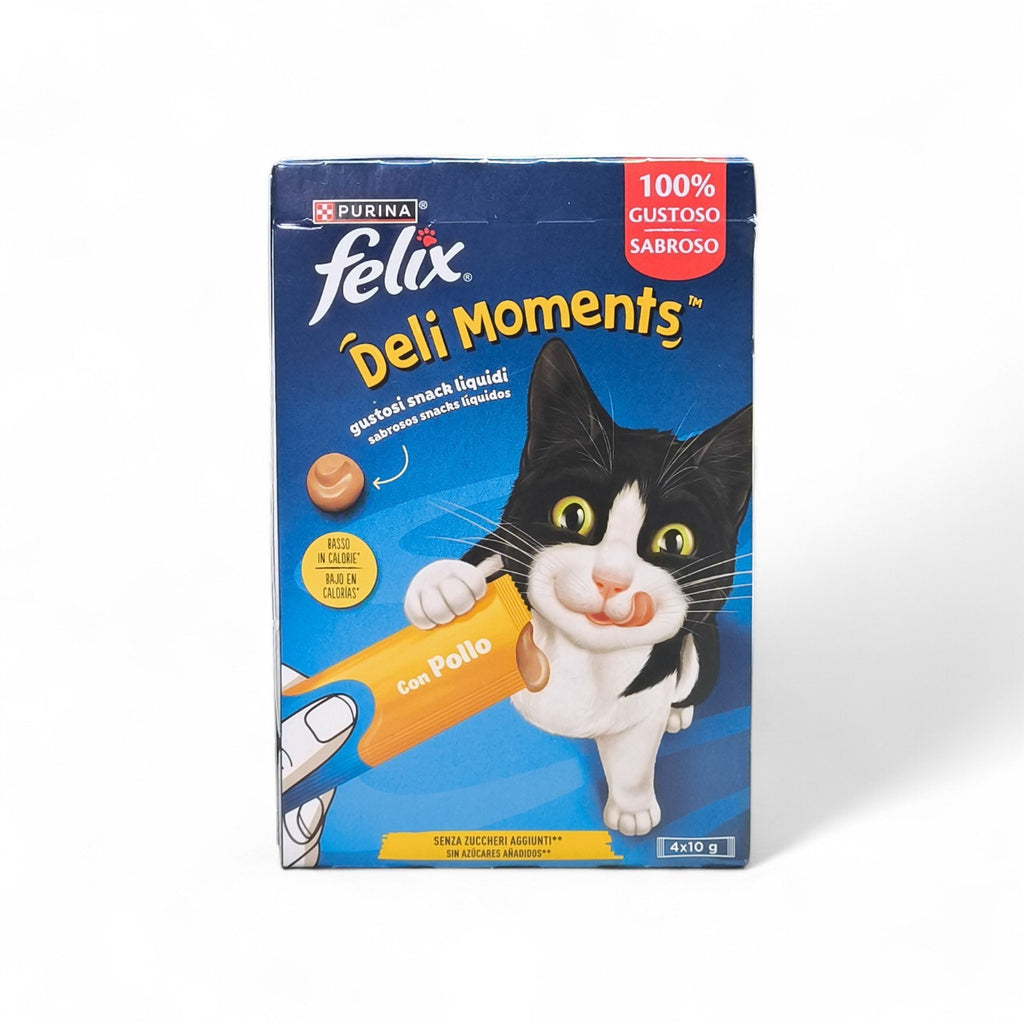 Maroc-animalerie Felix Deli Moments liquid cat snacks with chicken, low calorie, no added sugar, 4x10g pack.