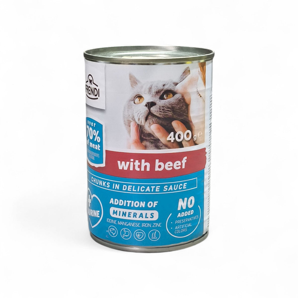 maroc-animalerie Frendi cat food can with beef chunks in delicate sauce, 400g, over 70% meat, with added minerals, no preservatives or artificial colors.