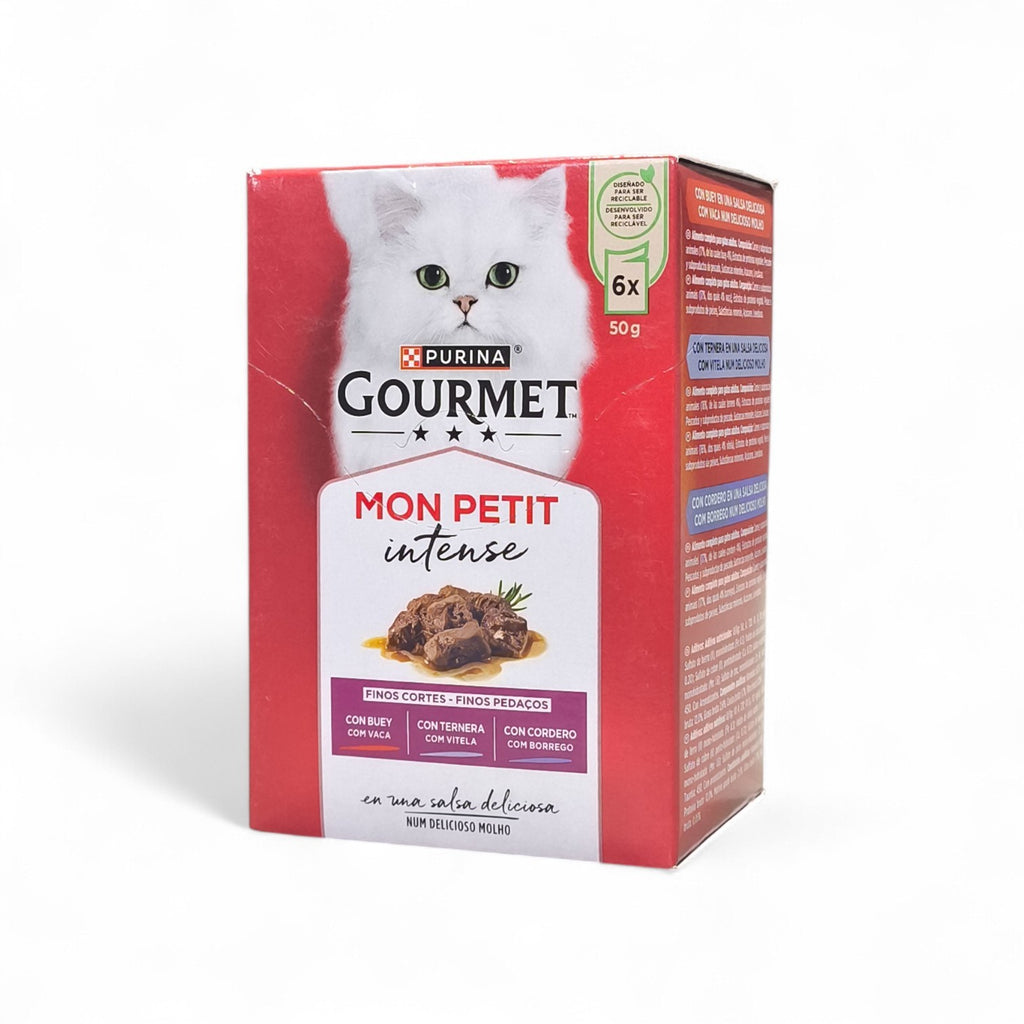 Purina Gourmet Mon Petit Intense cat food box with white cat illustration, showing beef, veal, and lamb cuts in sauce. 6x50g portions.