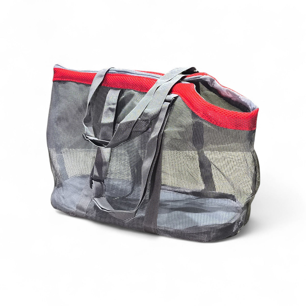 Grey mesh tote bag with red trim and grey straps, perfect for beach or travel.