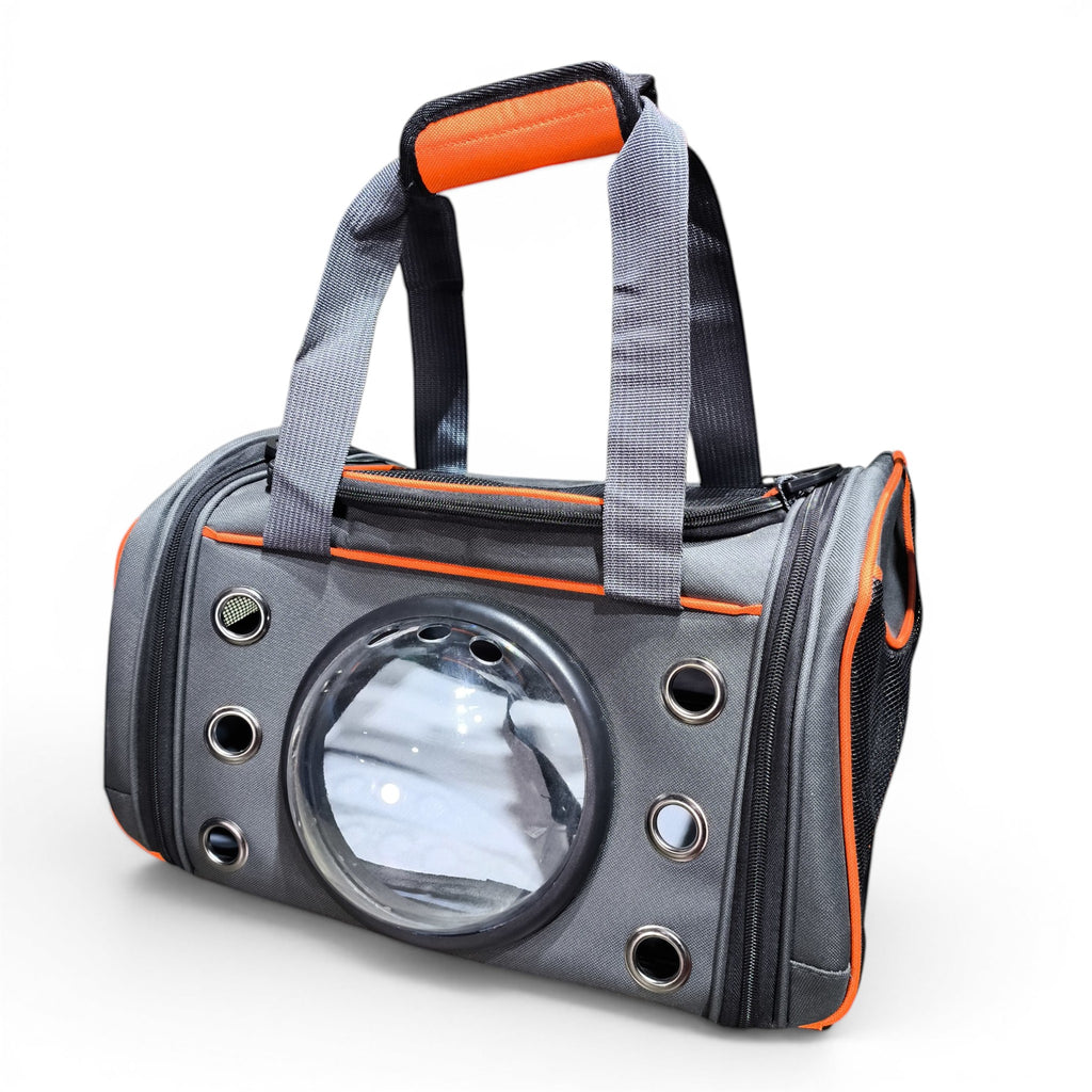 Maroc-animalerie grey pet carrier bag with orange trim and clear bubble window, mesh ventilation, and padded handles.